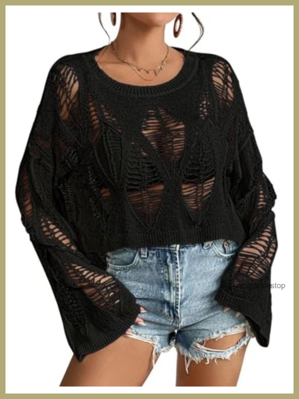 Womens Oversized Punk Goth Sweater Long Bell Sleeve Knit Crop Top